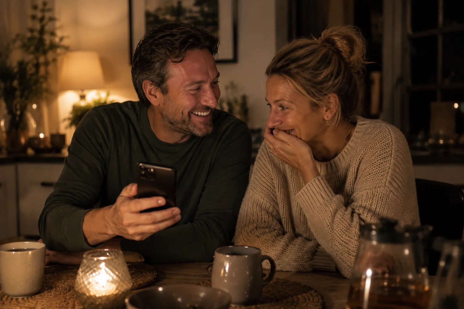 Mann zeigt seiner Frau den persönlichen Song auf dem Handy, beide lachen