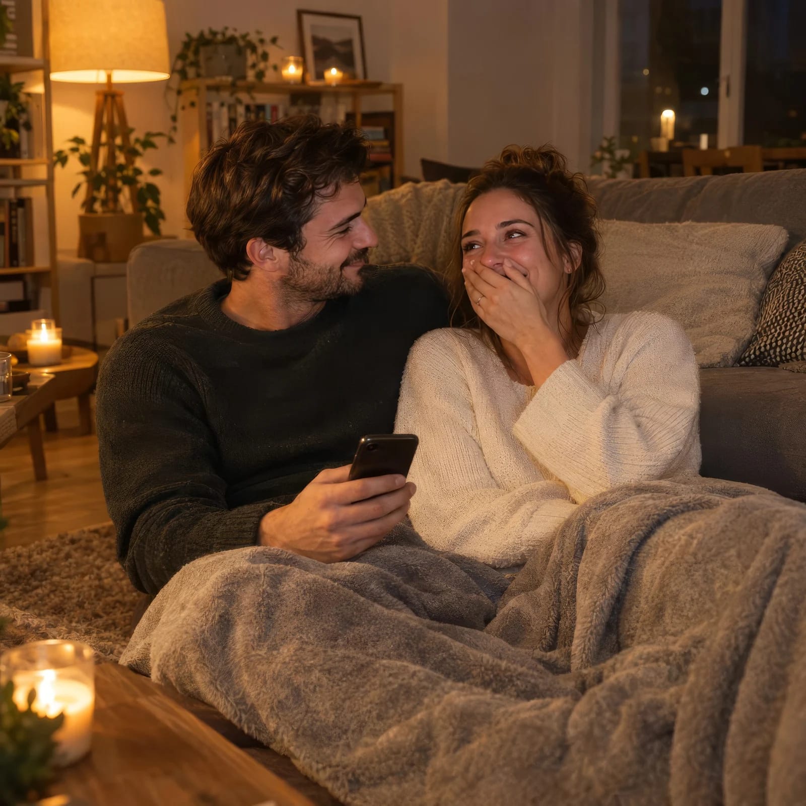 Paar auf dem Sofa, sie hört ihren Song und hält sich gerührt die Hand vor den Mund