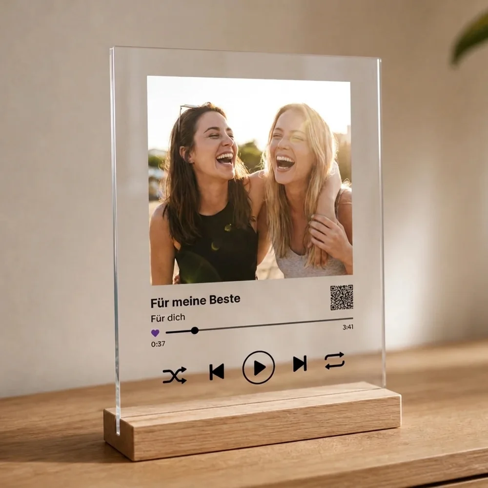 Acrylglas mit Foto zweier Freundinnen und dem Song als Player, auf Wunsch dazu