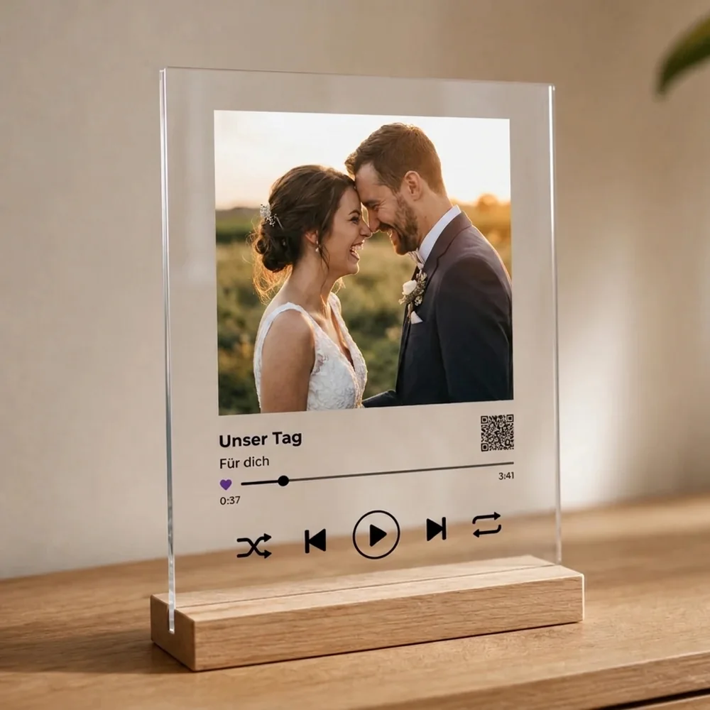 Acrylglas mit Hochzeitsfoto und dem Song als Player, auf Wunsch dazu