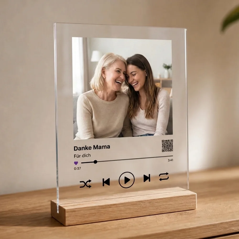 Acrylglas mit Foto von Mutter und Tochter und dem Song als Player, auf Wunsch dazu