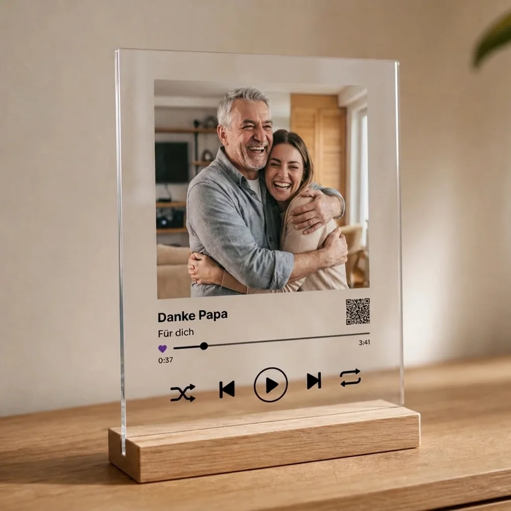Acrylglas mit Foto von Vater und Tochter und dem Song als Player, auf Wunsch dazu