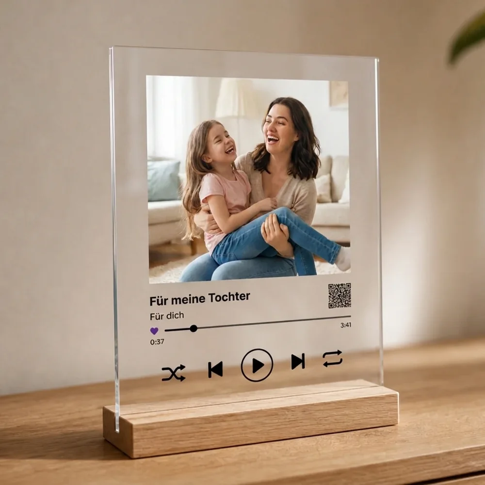 Acrylglas mit Foto von Mutter und Tochter und dem Song als Player, auf Wunsch dazu