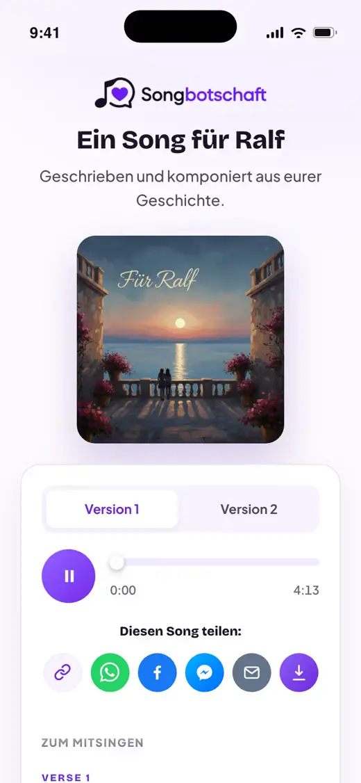 Die eigene Songseite auf dem Handy: Cover, zwei Versionen zum Anhören und Knöpfe zum Teilen