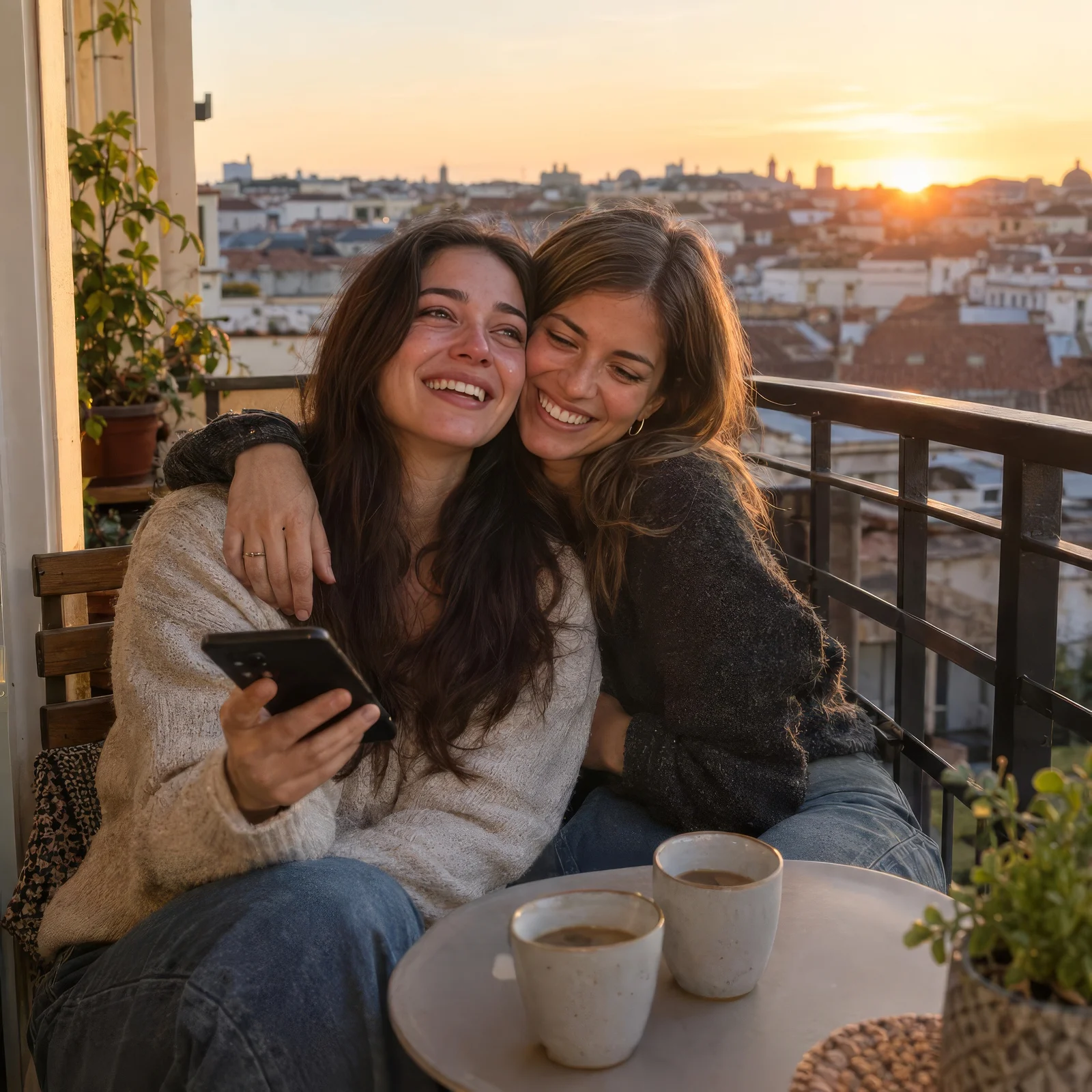 Zwei beste Freundinnen hören auf dem Balkon ihren Song und umarmen sich lachend