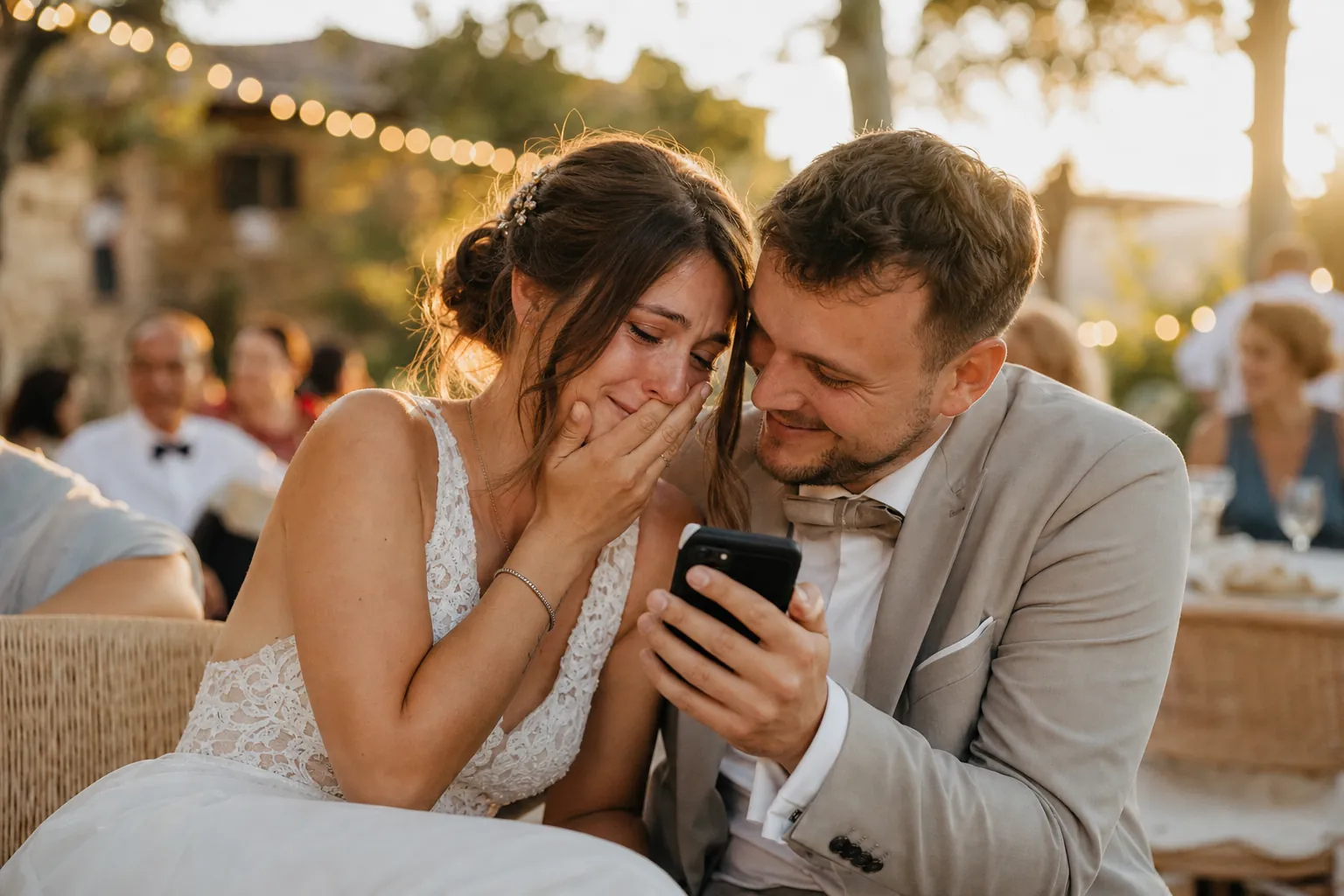 Brautpaar hört gemeinsam sein persönliches Hochzeitslied und lacht