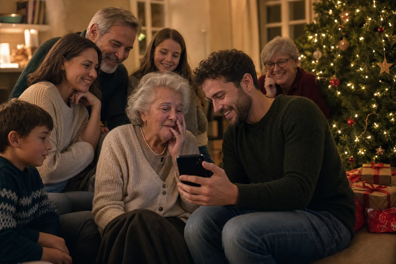 Familie hört an Weihnachten gemeinsam ein persönliches Lied am Weihnachtsbaum