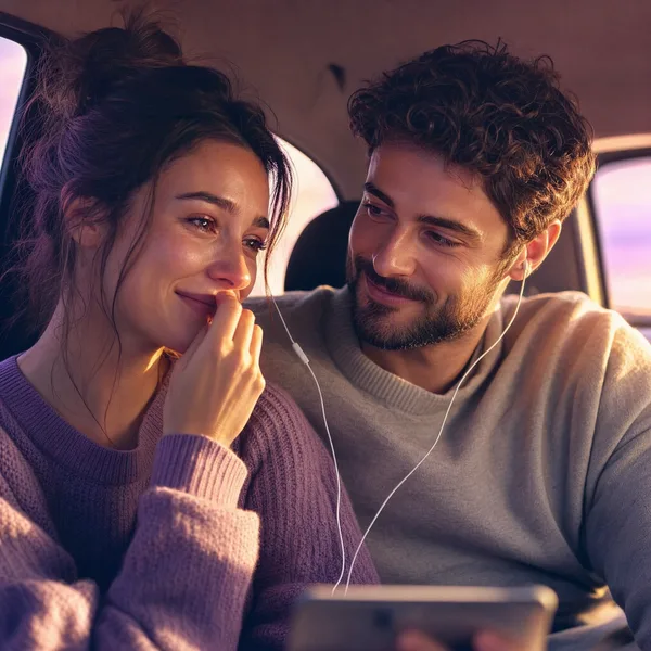 Pärchen sitzt im Auto und hört den fertigen Song zusammen