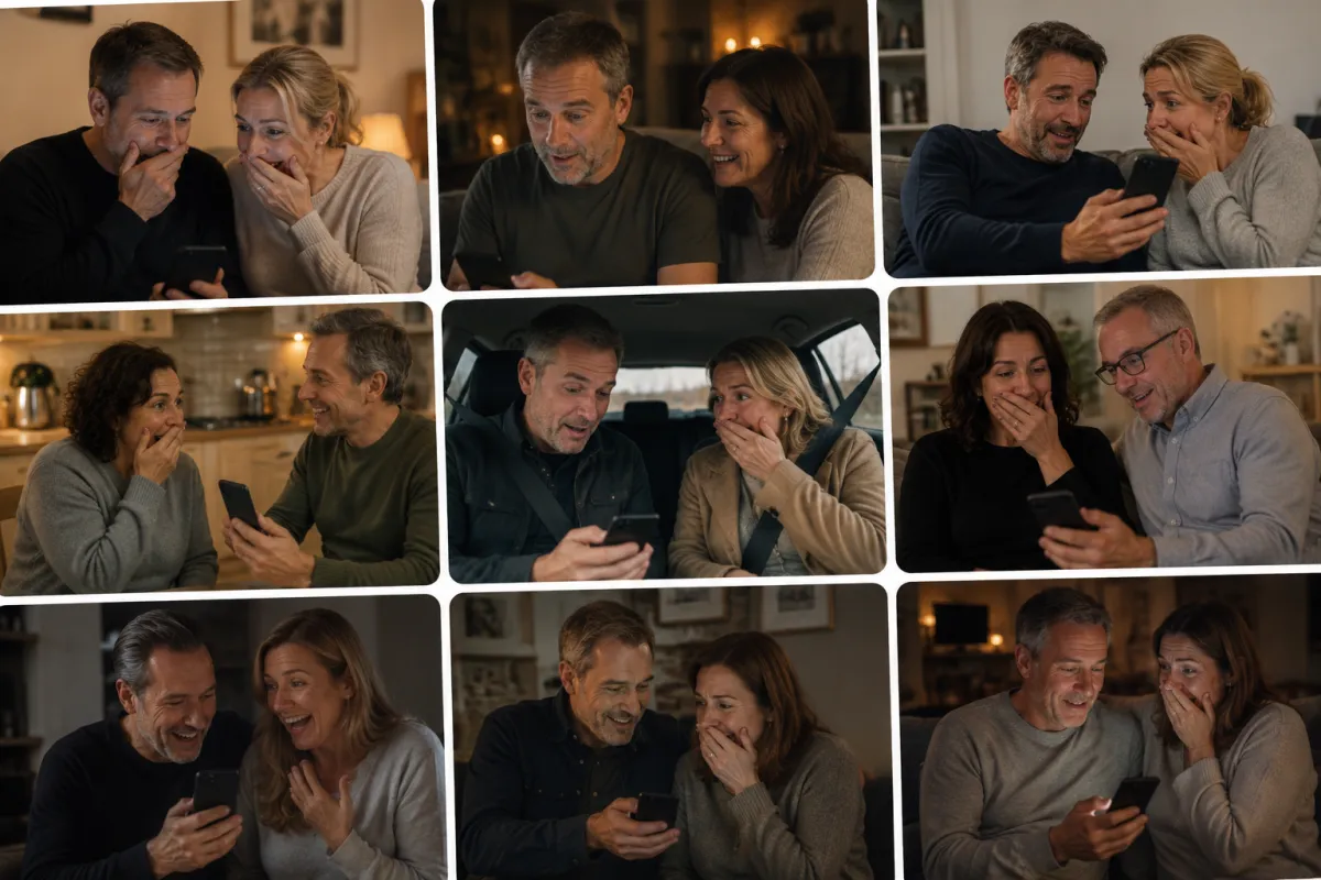 Collage: Paare hören zum ersten Mal ihren persönlichen Song und freuen sich